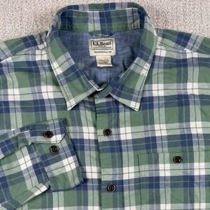 LL Bean Mens Large All Seasons Traditional Fit Green Plaid Flannel Button Up